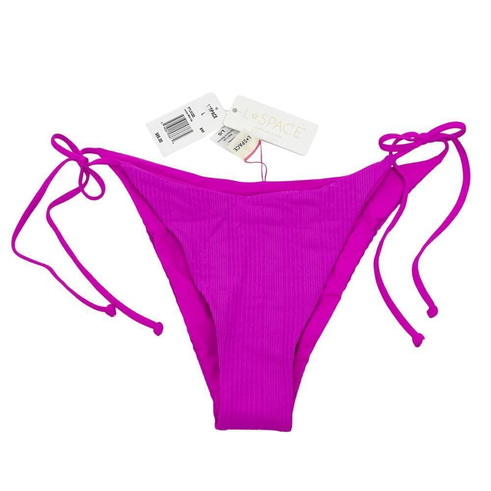 L Space Lennox Ribbed String Bikini Bottoms Bright Fuchsia Size Large NWT - Picture 6 of 9